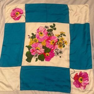 Vintage Jean-Pierre Silk Scarf Floral Poppy Print 29.5”‎ Square Teal Cream